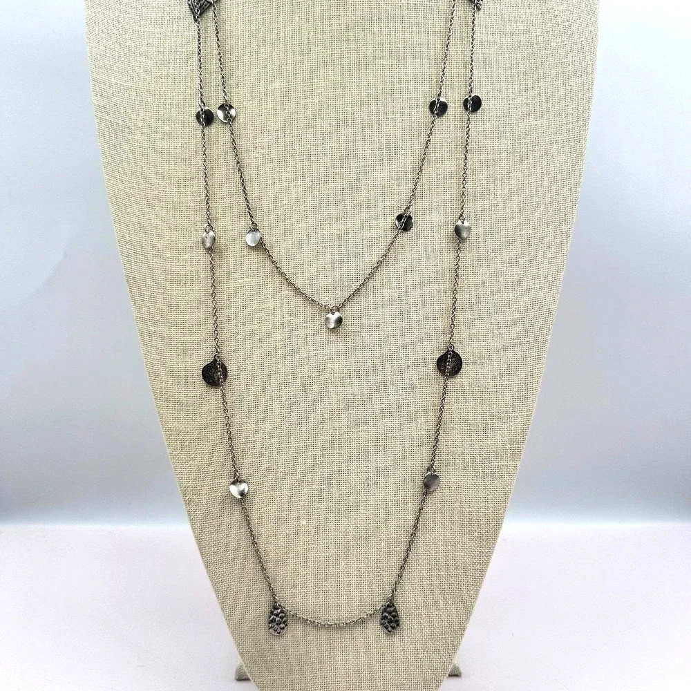 Vintage 90s Multi Strand Layered Necklace Silver Tone Hearts Disk Charms Jewelry